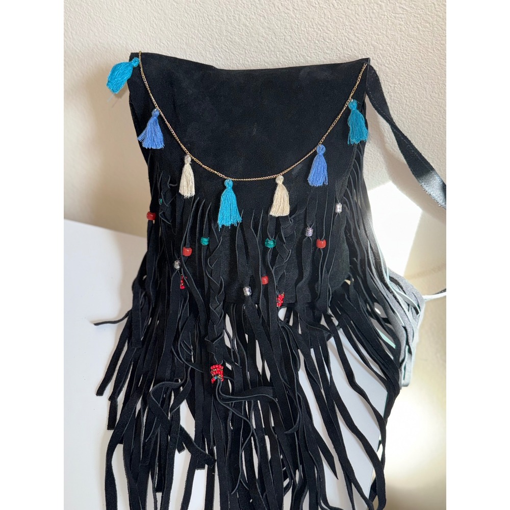 Boho Black Buffalo Leather Fringe Crossbody Bag Beaded Tassel Festival Western